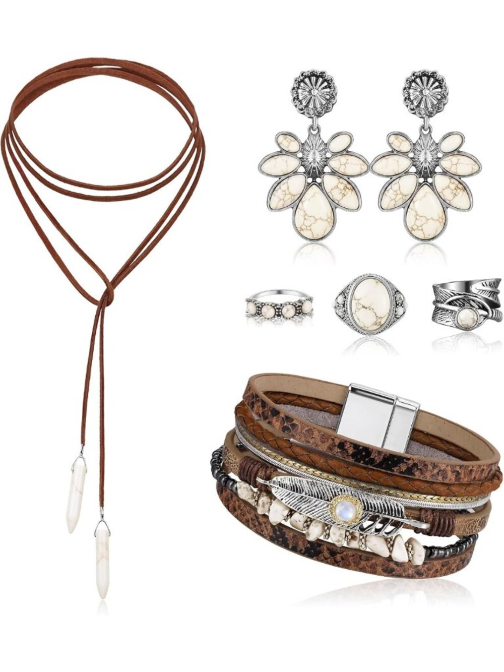 Boho Turquoise Western Jewelry Set for Women - Statement Necklace & Earrings